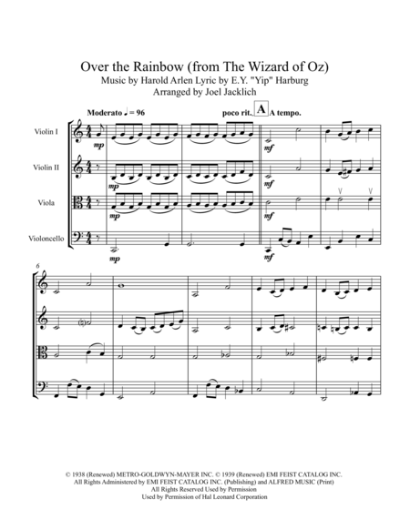 Over The Rainbow From The Wizard Of Oz For String Quartet Sheet Music