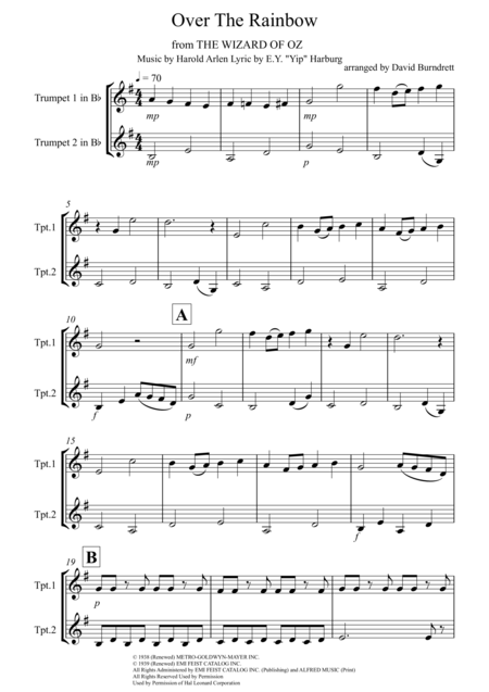 Over The Rainbow From The Wizard Of Oz For Trumpet Duet Sheet Music