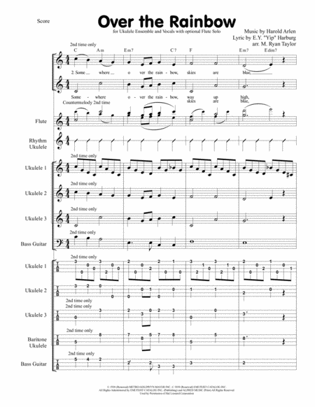 Over The Rainbow From The Wizard Of Oz For Ukulele Ensemble With Vocals And Optional Flute Solo Sheet Music