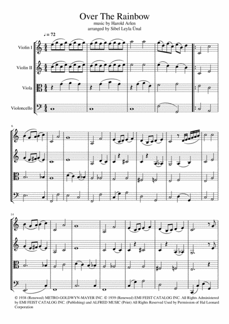 Over The Rainbow From The Wizard Of Oz In C Major For String Quartet Sheet Music