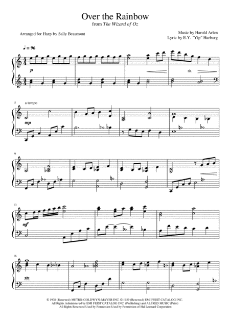 Free Sheet Music Over The Rainbow From The Wizard Of Oz Lever Harp Arrangement