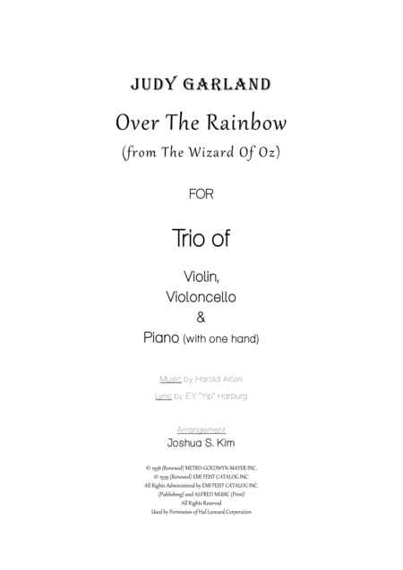 Over The Rainbow In Hawaiian Style For Trio Violin Cello Piano With One Hand Sheet Music