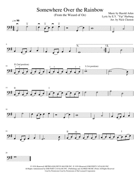 Over The Rainbow Wizard Of Oz Easy Cello Sheet Music