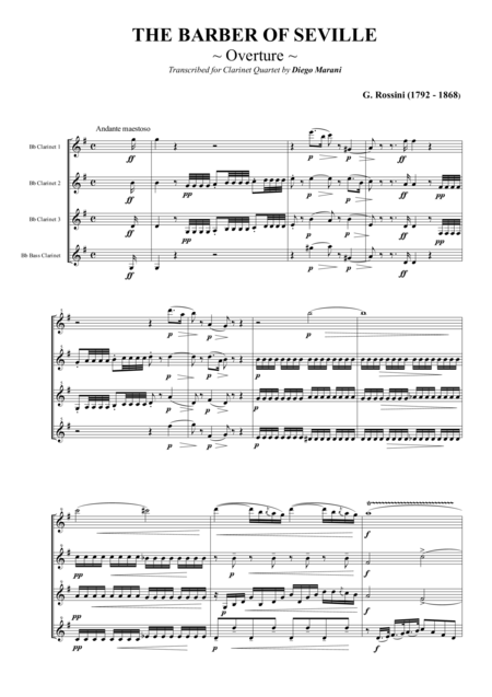 Free Sheet Music Overture From The Barber Of Seville For Clarinet Quartet