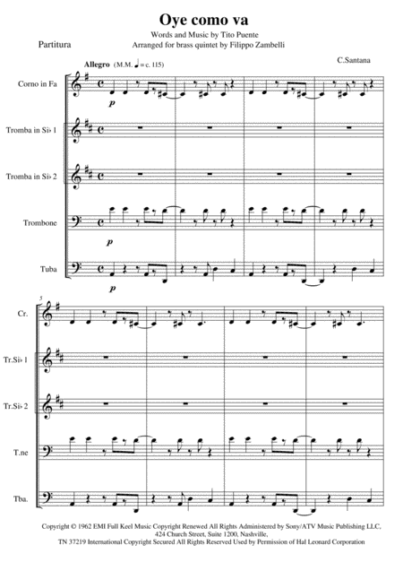 Free Sheet Music Oye Como Va Brass Quintet