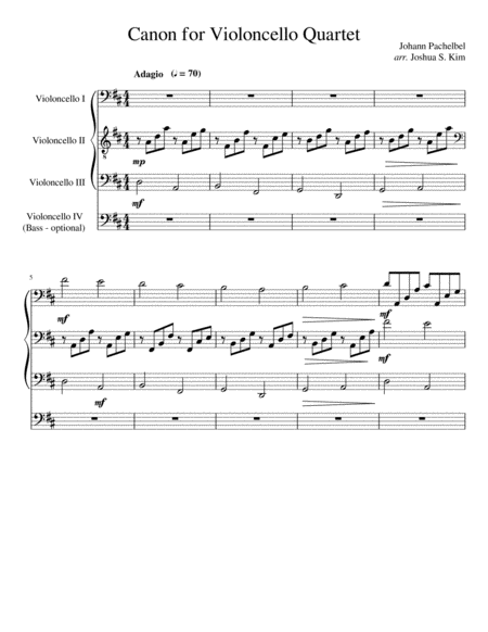 Pachelbel Canon For Cello Quartet Sheet Music