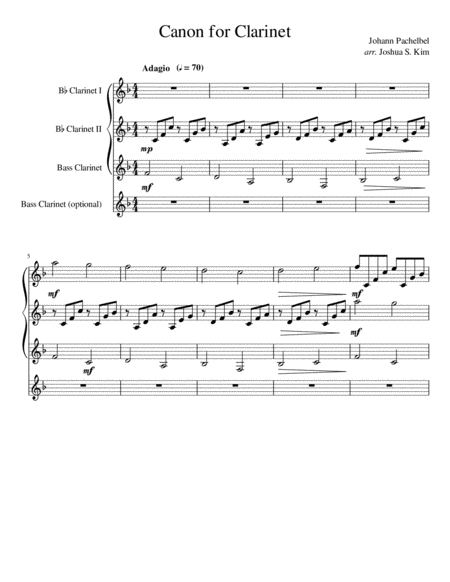 Pachelbel Canon For Clarinet Quartet Sheet Music