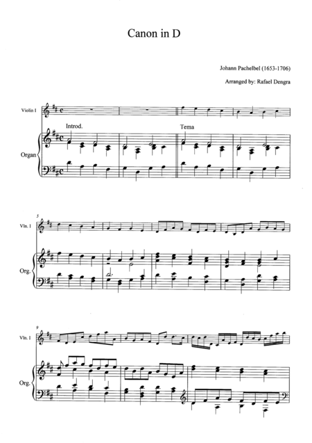 Free Sheet Music Pachelbel Canon In D Arranged By Rafael Dengra Violin Organ Full Score
