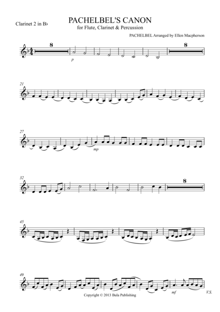 Free Sheet Music Pachelbels Cannon For Flute Clarinet Percussion Clarinet 2 Part