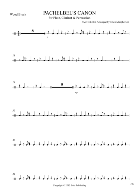 Pachelbels Cannon For Flute Clarinet Percussion Percussion 3 Wood Block Part Sheet Music