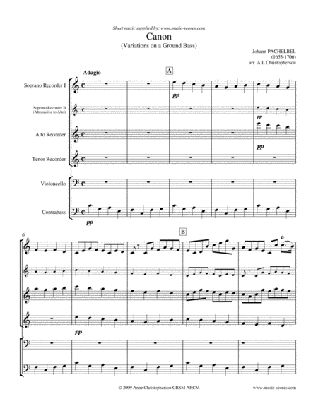 Free Sheet Music Pachelbels Canon 3 Recorders Cello And Double Bass