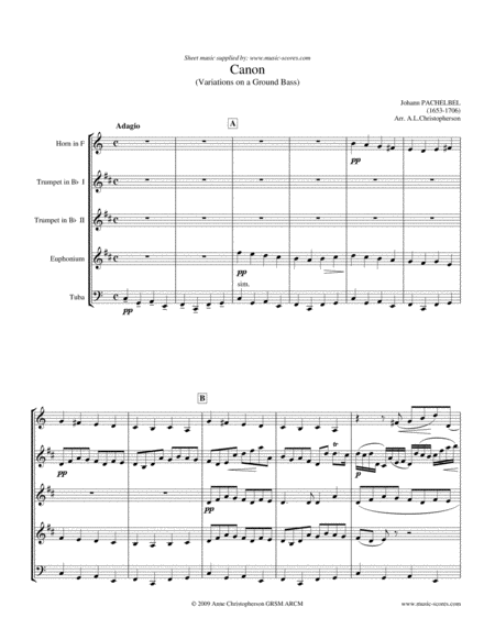 Free Sheet Music Pachelbels Canon Brass Quintet French Horn 2 Trumpets Euphonium Or Trombone Tuba