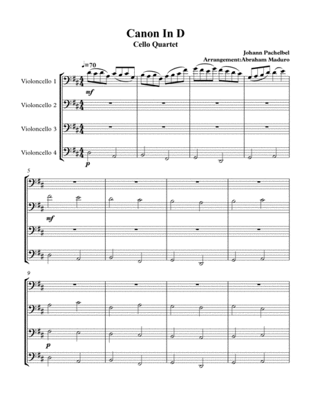 Free Sheet Music Pachelbels Canon Cello Quartet