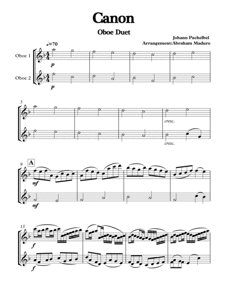 Free Sheet Music Pachelbels Canon Oboe Duet