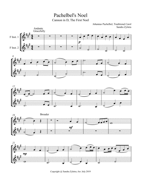 Pachelbels Noel Treble F Instrument Duet Parts Only Sheet Music