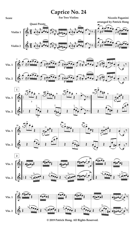 Paganini Caprice 24 For Two Violins Sheet Music