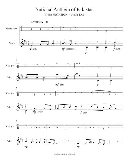 Pakistan National Anthem For Violin Solo Violin Tab Included Sheet Music