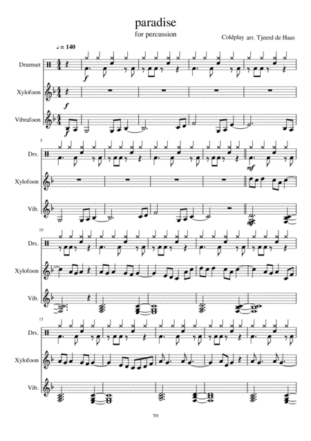 Paradise By Coldplay For Percussion Sheet Music