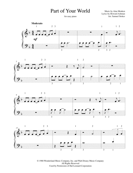 Part Of Your World For Easy Piano Sheet Music