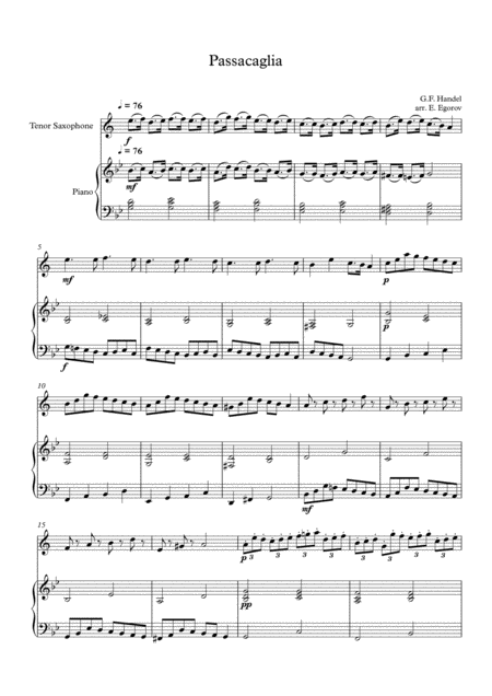 Passacaglia Handel Halvorsen For Tenor Saxophone Piano Sheet Music