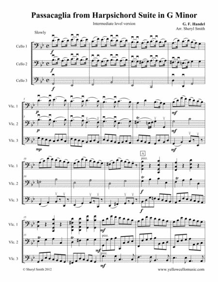 Passacaglia In G Minor Arranged For Three Intermediate Cellos Cello Trio Hwv 432 Sheet Music