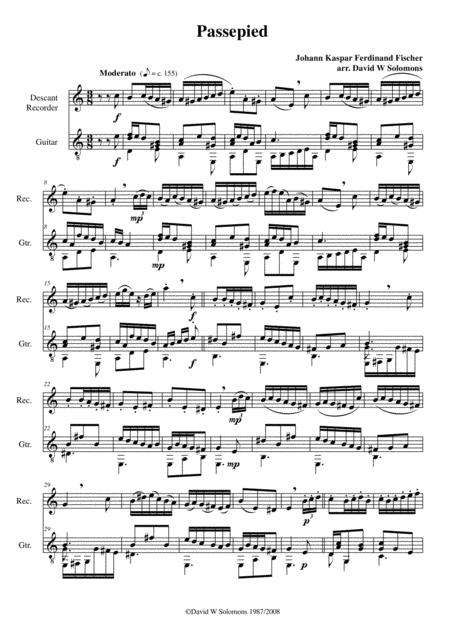 Free Sheet Music Passepied With Variations For Soprano Recorder And Guitar