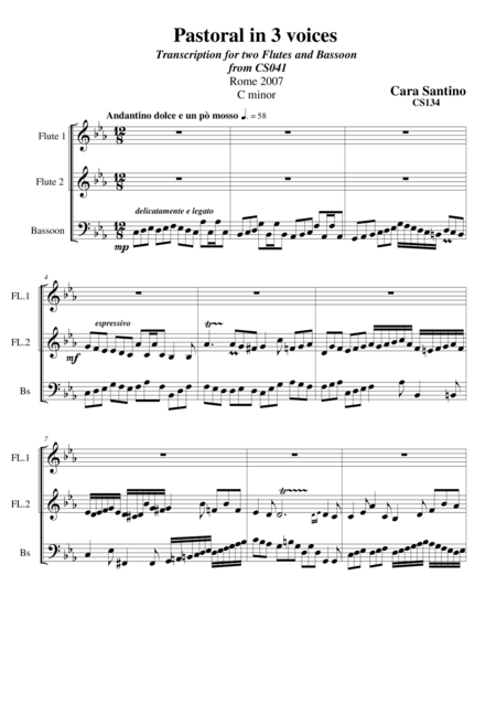 Free Sheet Music Pastoral In 3 Voices For 2 Flutes And Bassoon