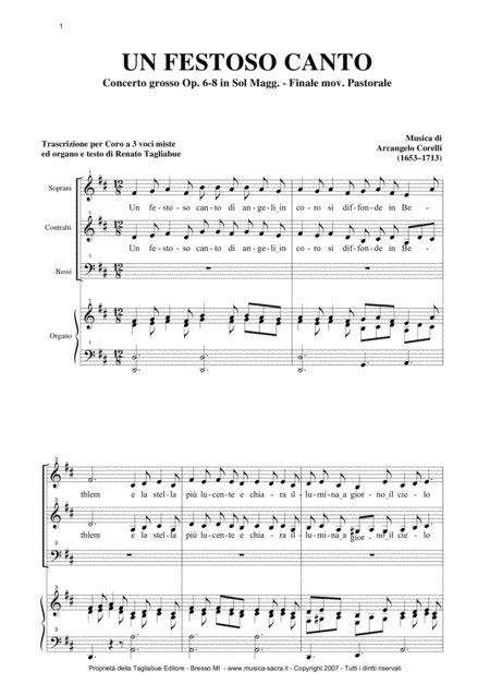 Free Sheet Music Pastorale From Concerto Grosso Op 6 8 By A Corelli For Sab Choir And Organ