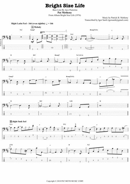 Pat Metheny And Jaco Pastorius Bright Size Life Complete And Accurate Bass Transcription Whit Tab Sheet Music