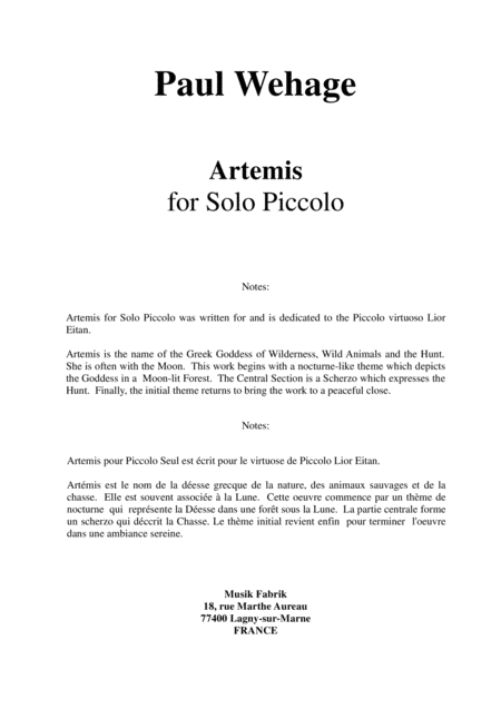 Free Sheet Music Paul Wehage Artemis For Solo Piccolo