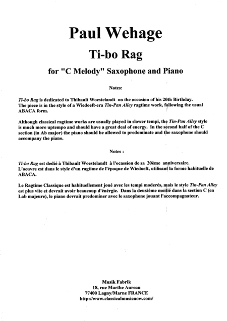 Free Sheet Music Paul Wehage Tibo Rag For C Melody Saxophone And Piano