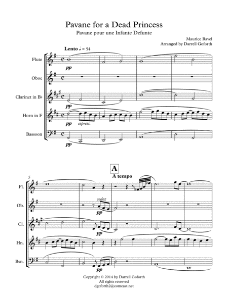 Pavane For A Dead Princess For Wind Quintet Sheet Music