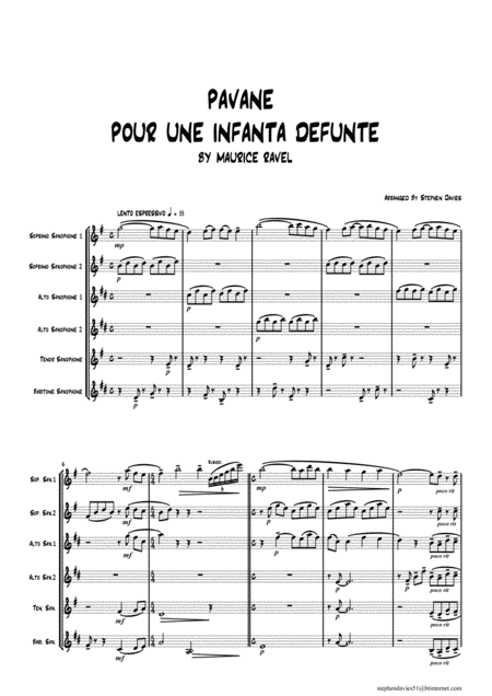 Pavane Pour Une Infanta Defunte By Ravel For Saxophone Sextet Sheet Music