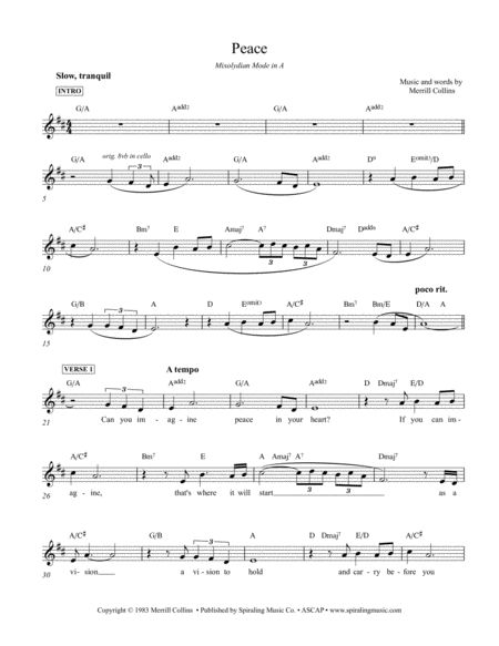 Free Sheet Music Peace Key Of A