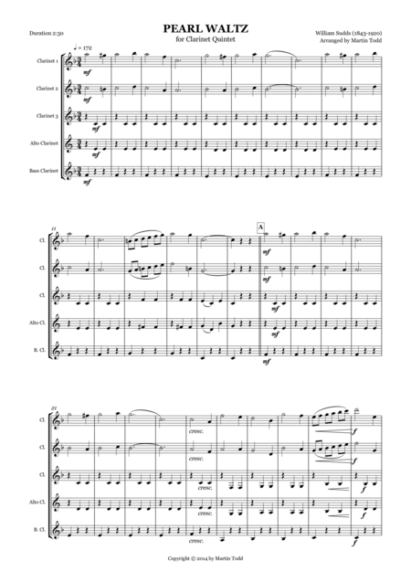 Free Sheet Music Pearl Waltz For Clarinet Quintet