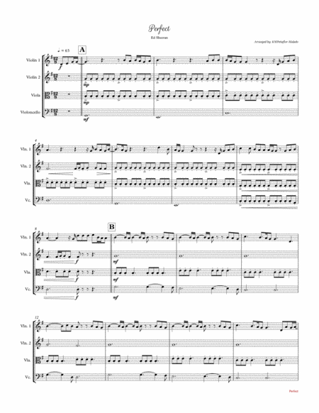 Perfect By Ed Sheeran String Quartet Sheet Music