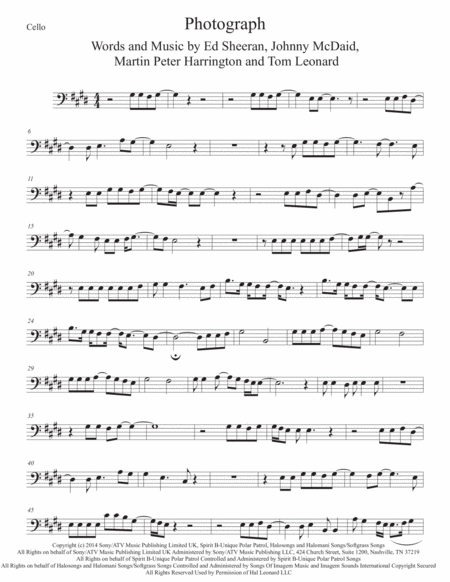 Photograph Original Key Cello Sheet Music