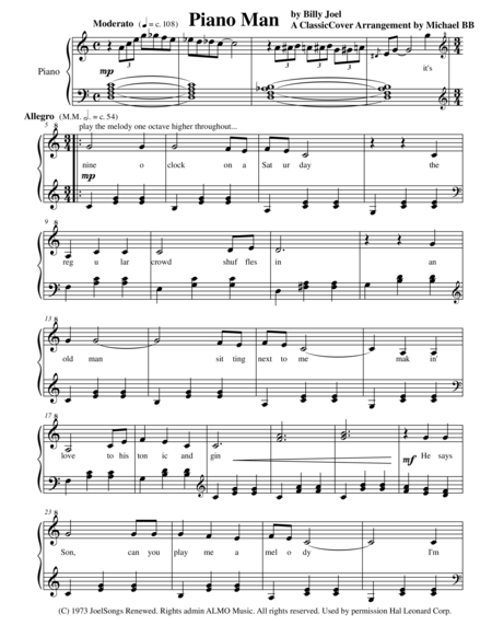 Free Sheet Music Piano Man A Classiccover Arrangement By Michael Bb