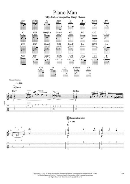 Free Sheet Music Piano Man Billy Joel For Solo Fingerstyle Guitar