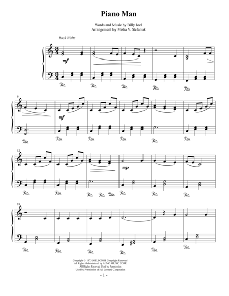 Piano Man Easy Piano Solo Sheet Music