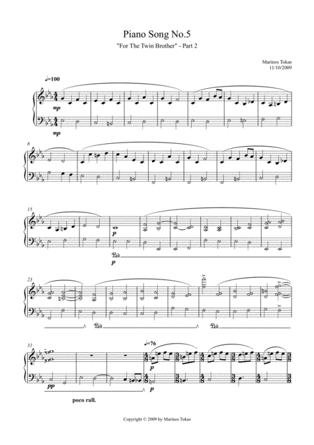 Piano Song No 5 For The Twin Brother Part 2 Sheet Music