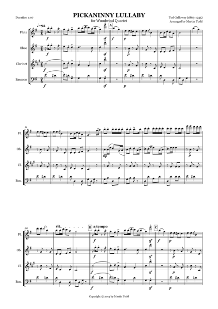 Pickaninny Lullaby For Woodwind Quartet Sheet Music