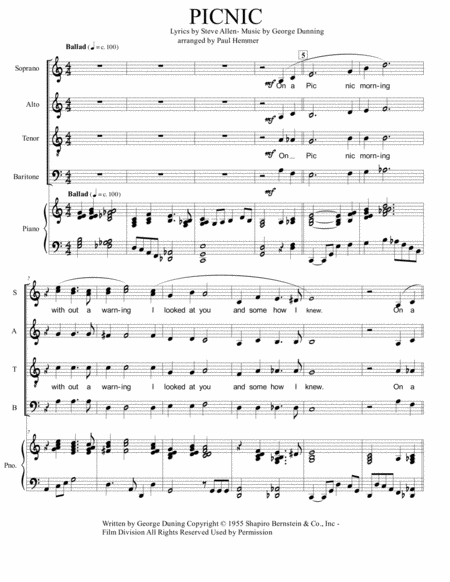 Picnic Love Theme From Picnic Satb Steve Allen Lyrics George Dunning Music Sheet Music