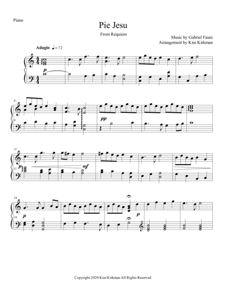 Pie Jesu From Requiem By Faure Arranged For Solo Piano In C Sheet Music