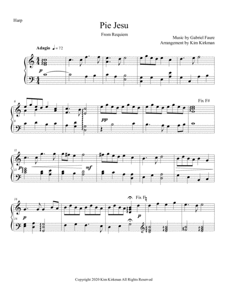 Pie Jesu From Requiem By Faure For Solo Harp In C Only Two Lever Changes Sheet Music