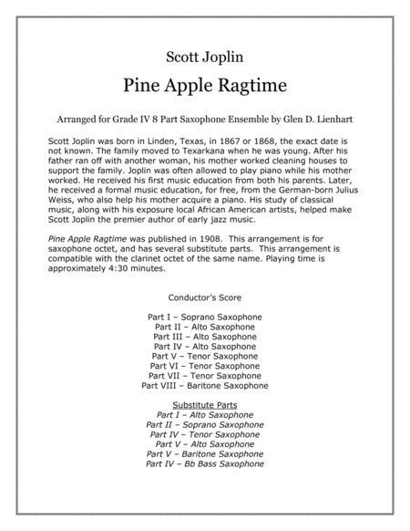 Pine Apple Ragtime Saxophones Sheet Music