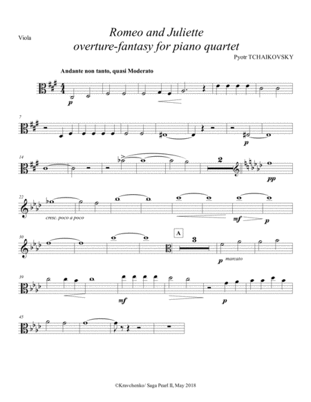 Piotr Tchaikovsky Romeo And Juliet Arr For Piano Quartet Viola Part Sheet Music