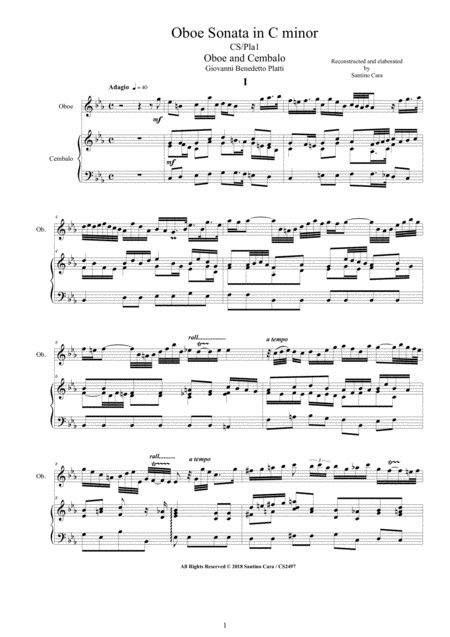 Platti Oboe Sonata In C Minor Cs Pla1 For Oboe And Cembalo Or Piano Sheet Music