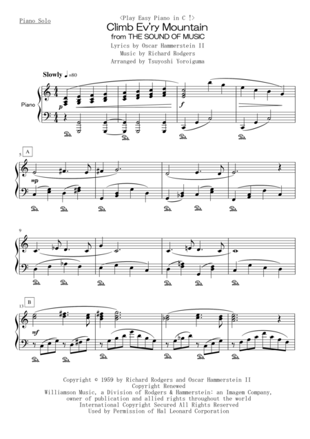 Play Easy Piano In C Climb Ev Ry Mountain From The Sound Of Music Sheet Music