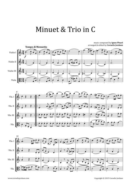 Pleyel Easy Minuet Trio For 3 Violins Viola Sheet Music